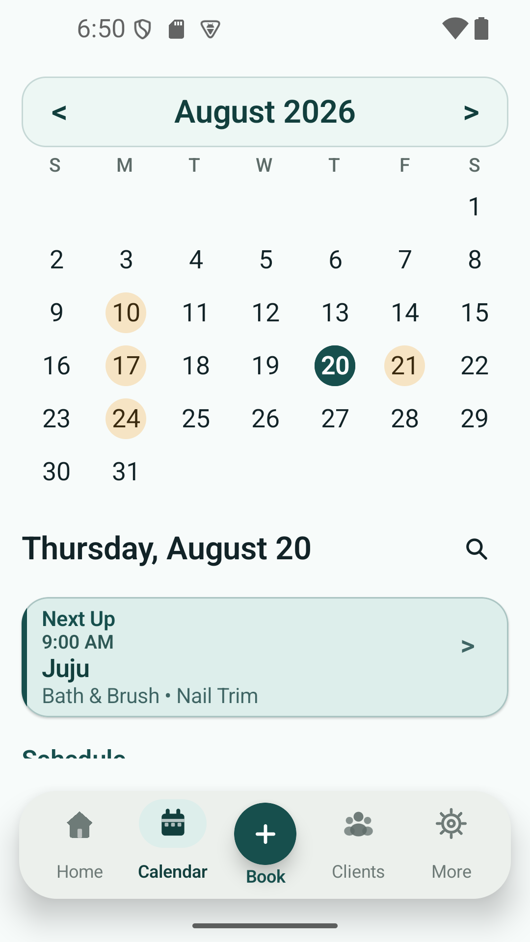 GroomBuddy calendar scheduling screenshot