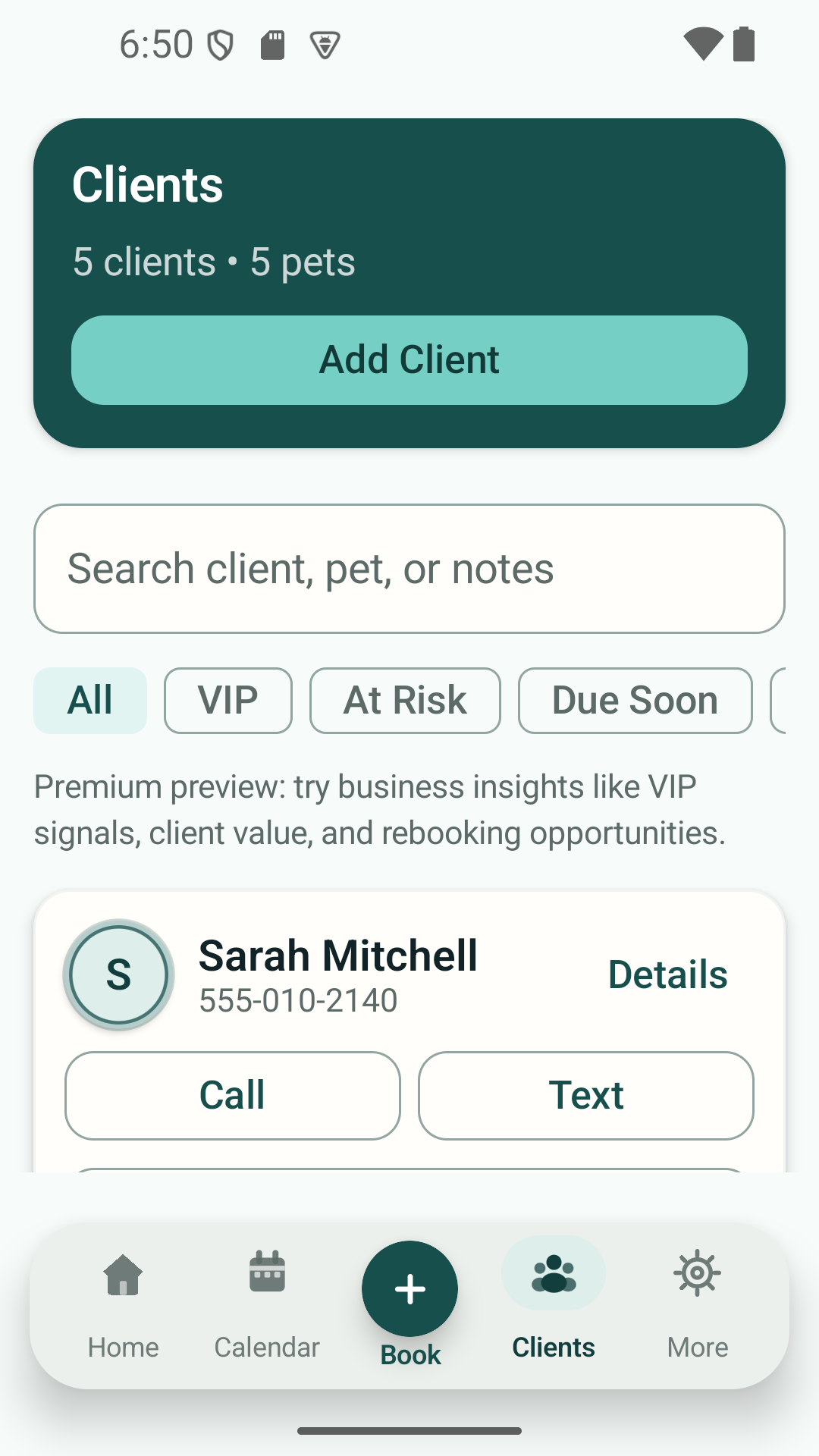 GroomBuddy client and pet records screenshot