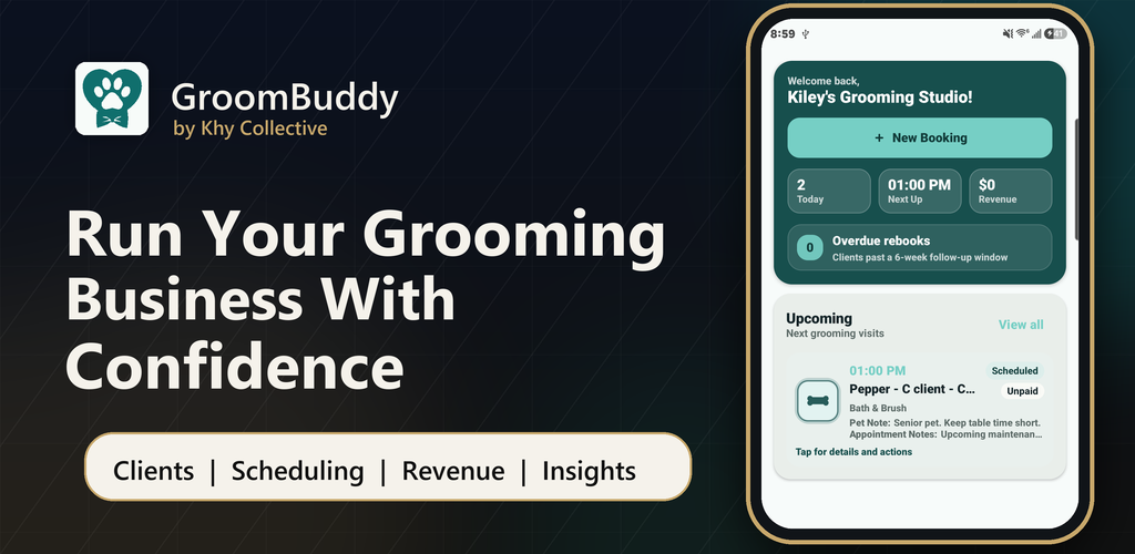 GroomBuddy business management app feature graphic